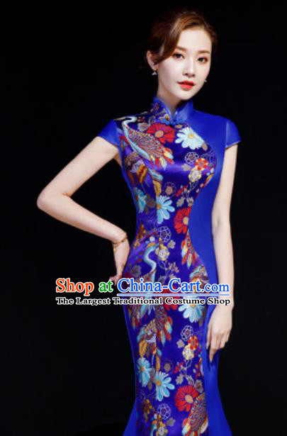 Chinese Chorus Royalblue Mermaid Qipao Dress Traditional National Compere Cheongsam Costume for Women