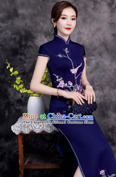 Chinese Chorus Embroidered Navy Qipao Dress Traditional National Compere Cheongsam Costume for Women