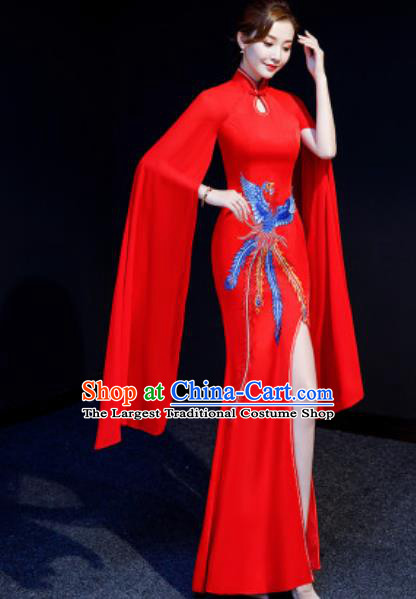Chinese National Embroidered Phoenix Red Qipao Dress Traditional Compere Cheongsam Costume for Women