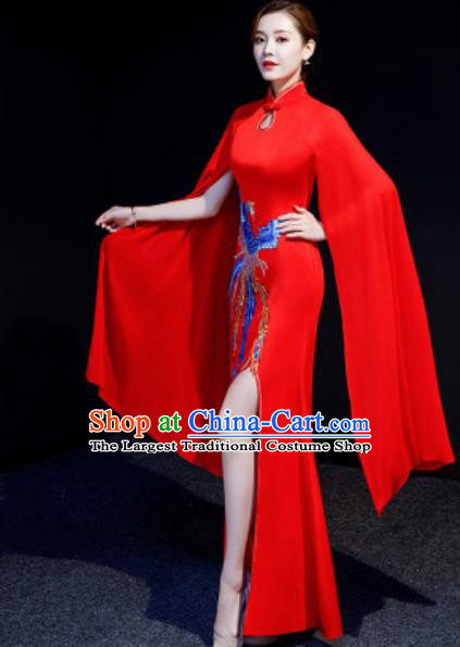 Chinese National Embroidered Phoenix Red Qipao Dress Traditional Compere Cheongsam Costume for Women
