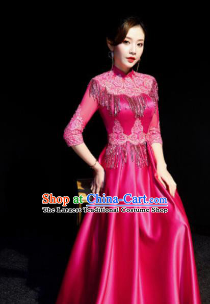 Chinese National Rosy Tassel Qipao Dress Traditional Compere Cheongsam Costume for Women