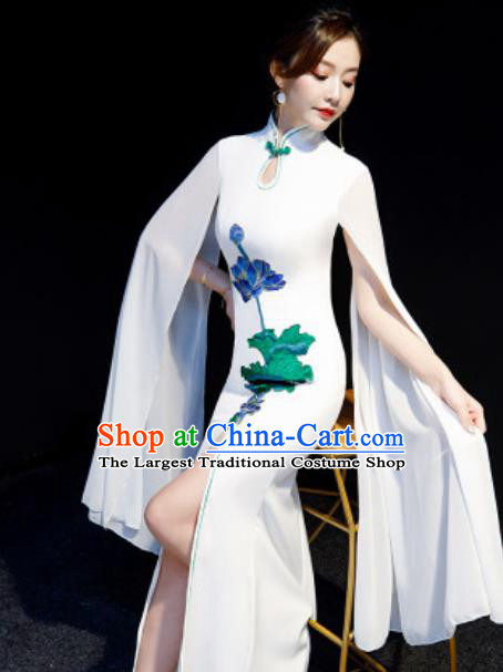 Chinese National Embroidered Lotus White Qipao Dress Traditional Compere Cheongsam Costume for Women