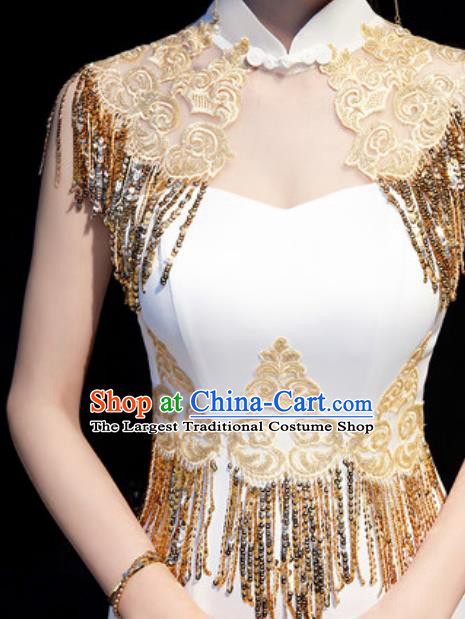 Chinese National Golden Tassel Qipao Dress Traditional Compere Cheongsam Costume for Women