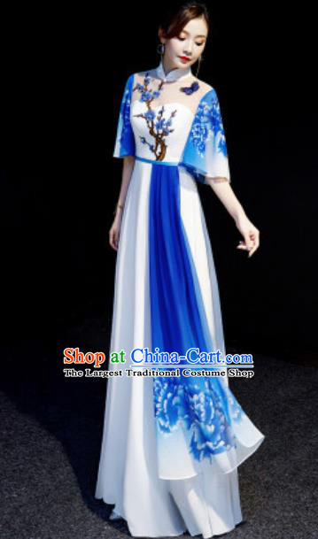 Chinese National Embroidered Plum Blue Qipao Dress Traditional Compere Cheongsam Costume for Women
