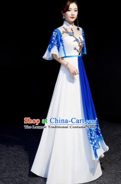Chinese National Embroidered Plum Blue Qipao Dress Traditional Compere Cheongsam Costume for Women
