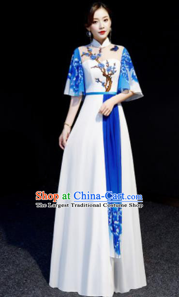 Chinese National Embroidered Plum Blue Qipao Dress Traditional Compere Cheongsam Costume for Women
