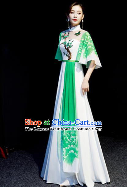 Chinese National Embroidered Plum Green Qipao Dress Traditional Compere Cheongsam Costume for Women