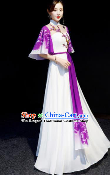 Chinese National Embroidered Plum Purple Qipao Dress Traditional Compere Cheongsam Costume for Women