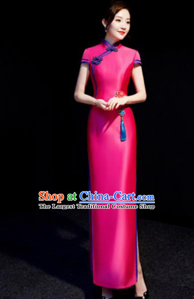 Chinese National Rosy Qipao Dress Traditional Compere Cheongsam Costume for Women