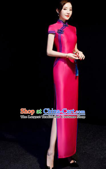Chinese National Rosy Qipao Dress Traditional Compere Cheongsam Costume for Women