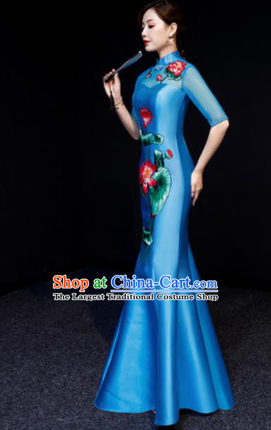 Chinese National Embroidered Lotus Blue Qipao Dress Traditional Compere Cheongsam Costume for Women
