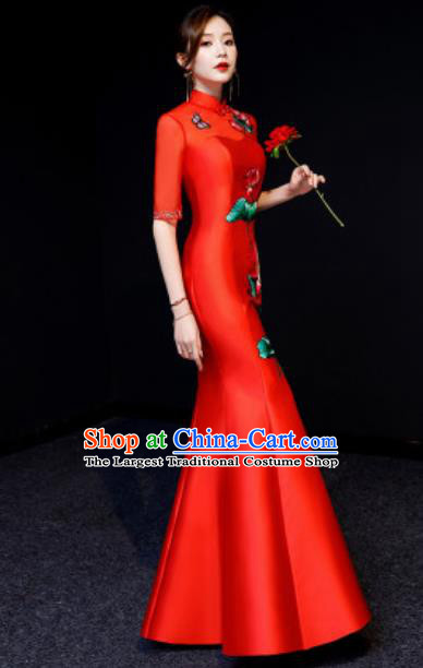 Chinese National Embroidered Lotus Red Qipao Dress Traditional Compere Cheongsam Costume for Women