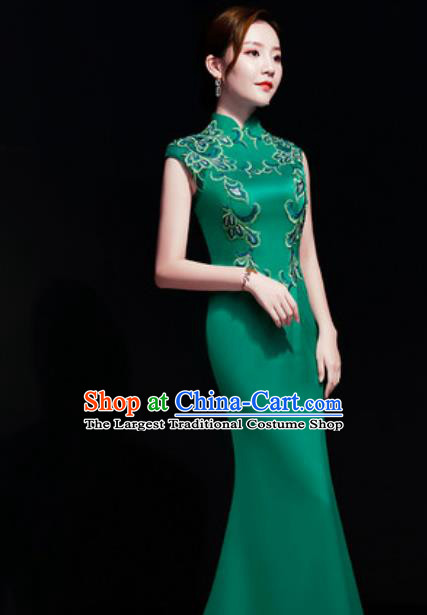 Chinese Traditional Embroidered Green Qipao Dress Compere Cheongsam Costume for Women