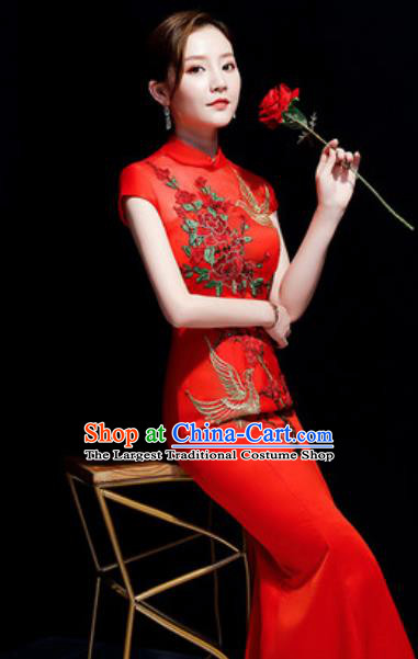 Chinese Traditional Embroidered Peony Red Qipao Dress Compere Cheongsam Costume for Women
