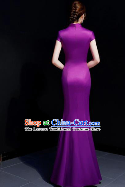 Chinese Traditional Embroidered Peony Purple Qipao Dress Compere Cheongsam Costume for Women