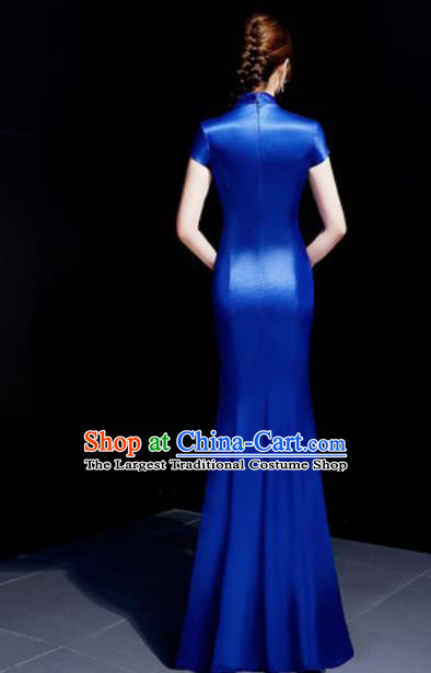 Chinese Traditional Embroidered Peony Royalblue Qipao Dress Compere Cheongsam Costume for Women