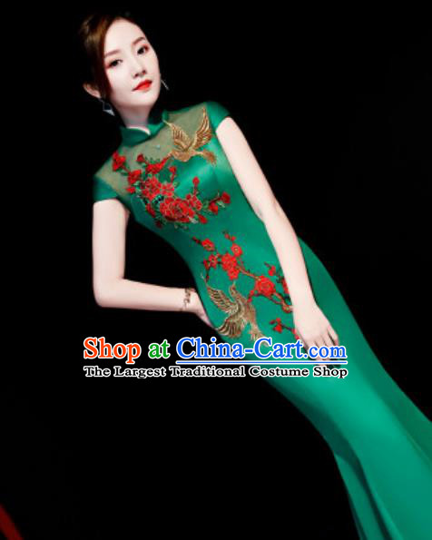 Chinese Traditional Embroidered Peony Green Qipao Dress Compere Cheongsam Costume for Women