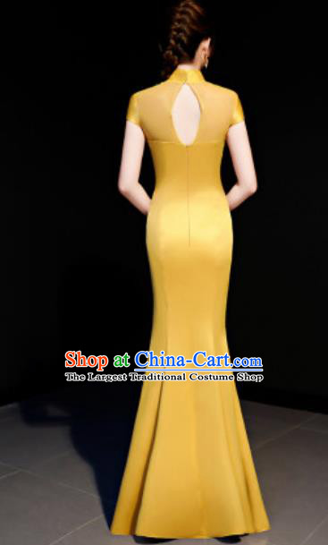 Chinese Traditional Embroidered Lotus Yellow Qipao Dress Compere Cheongsam Costume for Women