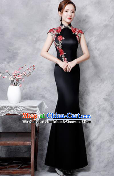 Chinese Traditional Embroidered Rose Black Qipao Dress Compere Cheongsam Costume for Women