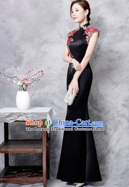 Chinese Traditional Embroidered Rose Black Qipao Dress Compere Cheongsam Costume for Women