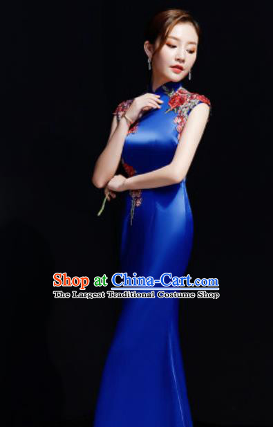 Chinese Traditional Embroidered Rose Royalblue Qipao Dress Compere Cheongsam Costume for Women