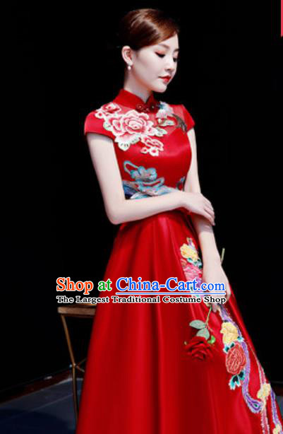 Chinese Traditional Chorus Embroidered Phoenix Peony Red Dress Compere Cheongsam Costume for Women
