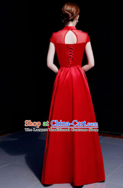 Chinese Traditional Chorus Embroidered Phoenix Peony Red Dress Compere Cheongsam Costume for Women