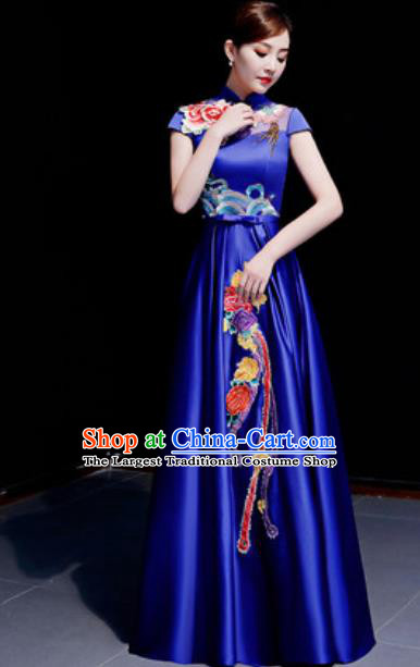 Chinese Traditional Chorus Embroidered Phoenix Peony Royalblue Dress Compere Cheongsam Costume for Women