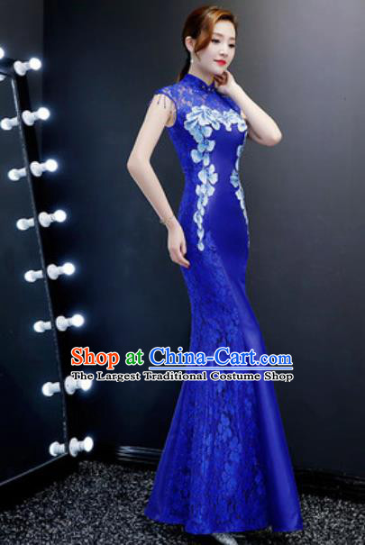 Chinese Traditional Chorus Embroidered Royalblue Lace Dress Compere Cheongsam Costume for Women