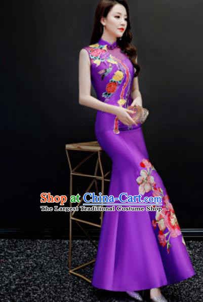 Chinese Traditional Chorus Embroidered Purple Full Dress Compere Cheongsam Costume for Women