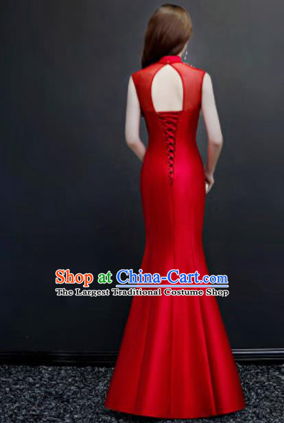 Chinese Traditional Chorus Embroidered Red Full Dress Compere Cheongsam Costume for Women