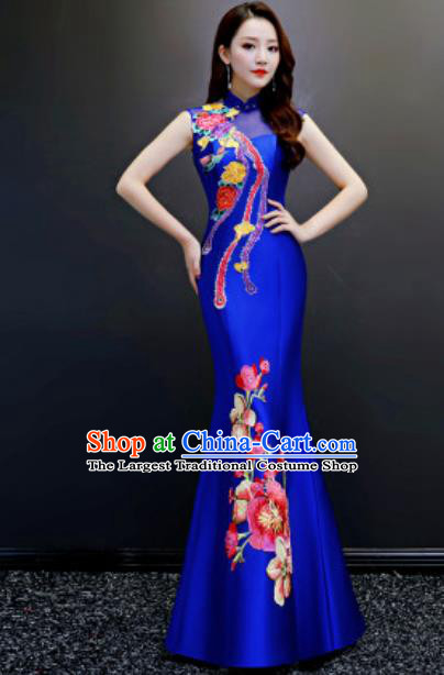 Chinese Traditional Embroidered Fishtail Royalblue Dress Compere Cheongsam Costume for Women