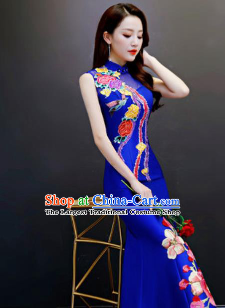Chinese Traditional Embroidered Fishtail Royalblue Dress Compere Cheongsam Costume for Women