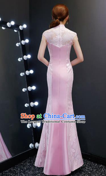 Chinese Traditional Embroidered Fishtail Pink Dress Compere Cheongsam Costume for Women