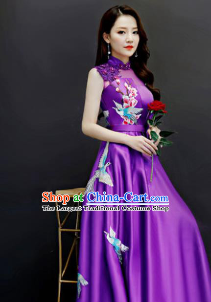 Chinese Traditional Embroidered Purple Dress Compere Cheongsam Costume for Women