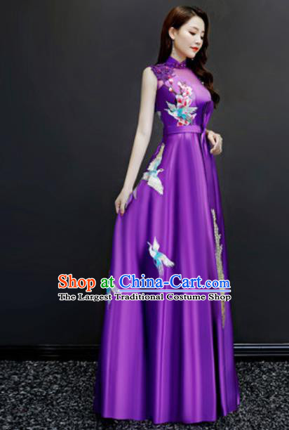 Chinese Traditional Embroidered Purple Dress Compere Cheongsam Costume for Women