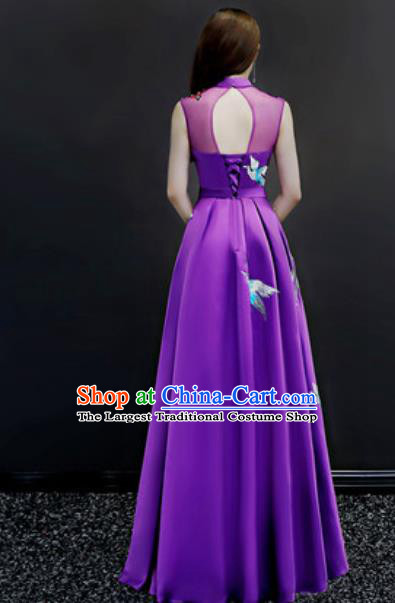 Chinese Traditional Embroidered Purple Dress Compere Cheongsam Costume for Women