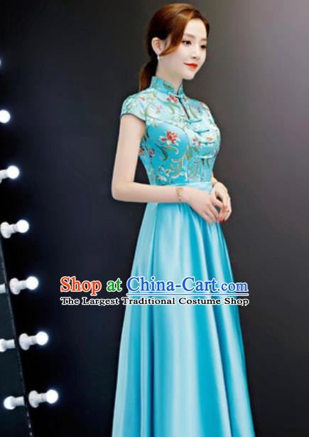 Chinese Traditional Blue Qipao Dress Compere Cheongsam Costume for Women