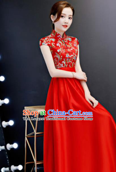 Chinese Traditional Red Qipao Dress Compere Cheongsam Costume for Women