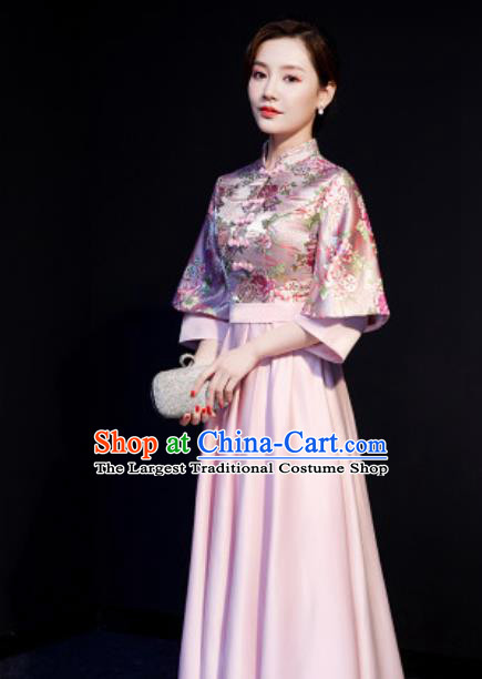 Chinese Traditional Bridesmaid Embroidered Pink Full Dress Spring Festival Gala Compere Cheongsam Costume for Women
