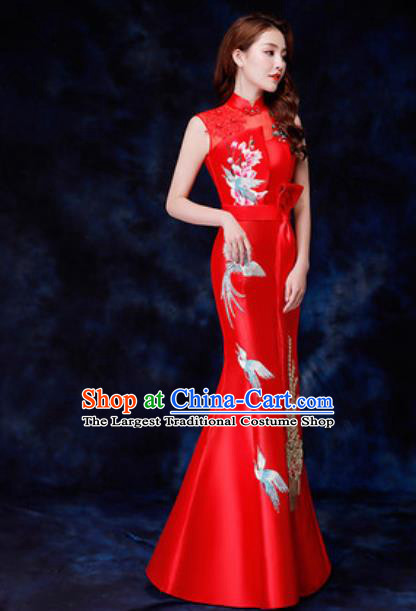 Chinese Traditional Embroidered Birds Red Qipao Dress Compere Cheongsam Costume for Women