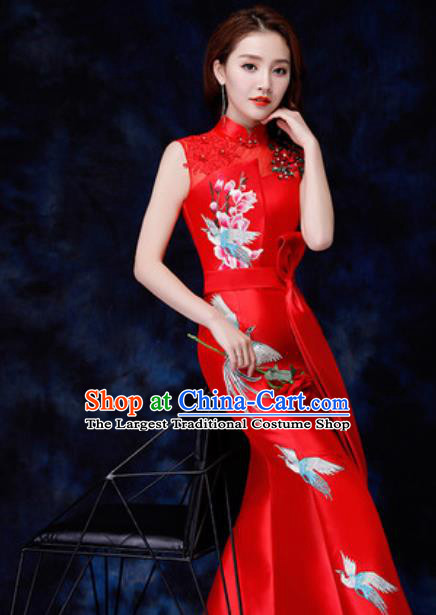 Chinese Traditional Embroidered Birds Red Qipao Dress Compere Cheongsam Costume for Women