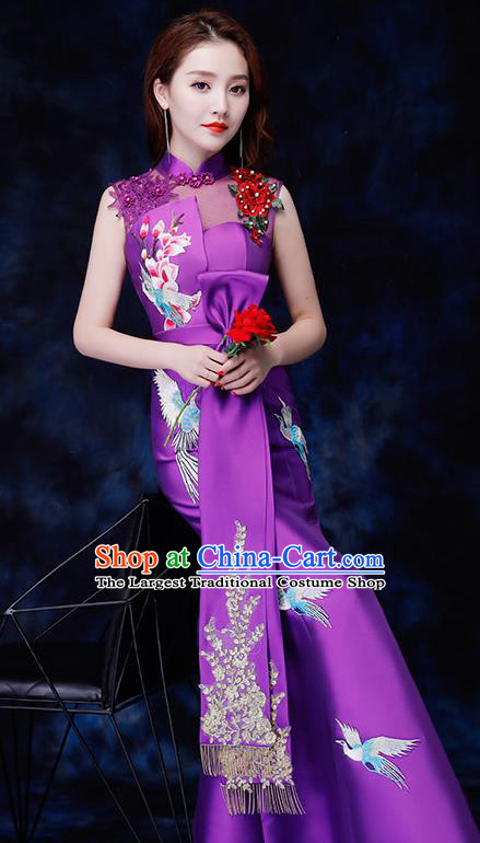 Chinese Traditional Embroidered Birds Purple Qipao Dress Compere Cheongsam Costume for Women