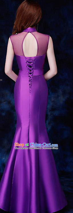 Chinese Traditional Embroidered Birds Purple Qipao Dress Compere Cheongsam Costume for Women