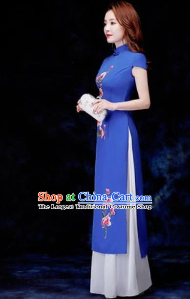 Chinese Traditional Embroidered Royalblue Qipao Dress Compere Cheongsam Costume for Women