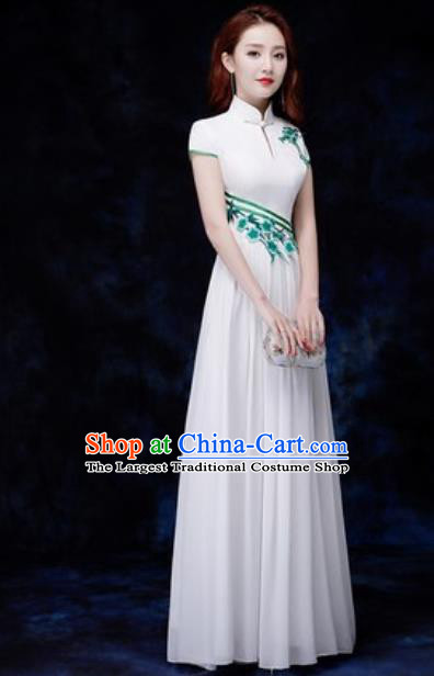 Chinese Traditional Embroidered White Qipao Dress Compere Cheongsam Costume for Women