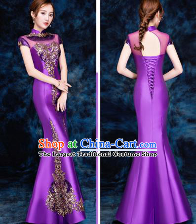 Chinese Traditional Embroidered Sequins Purple Qipao Dress Compere Cheongsam Costume for Women