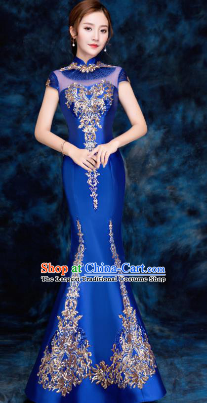 Chinese Traditional Embroidered Sequins Royalblue Qipao Dress Compere Cheongsam Costume for Women