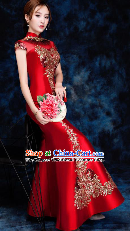 Chinese Traditional Embroidered Sequins Red Qipao Dress Compere Cheongsam Costume for Women