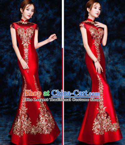 Chinese Traditional Embroidered Sequins Red Qipao Dress Compere Cheongsam Costume for Women